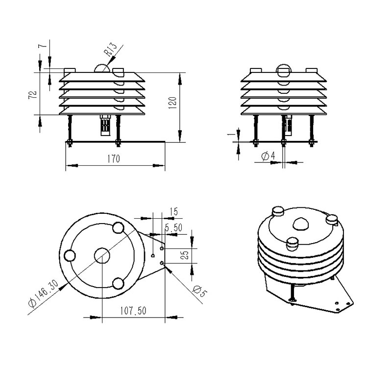 四參數環(huán)境網格監(jiān)測傳感器產品尺寸圖